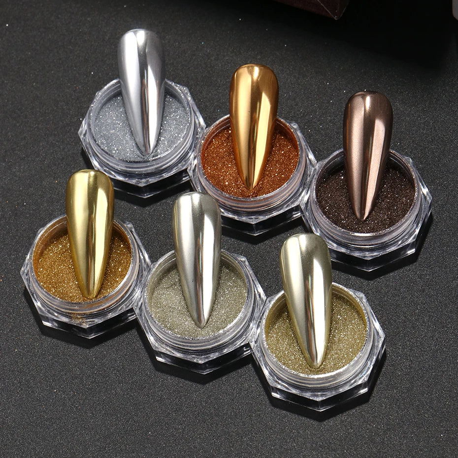 6 Box Gold Silver Metallic Mirror Glitter Nail Art Dust Champagne Gold Chrome Powder Rubbing Pigment Flake Dust Decorations