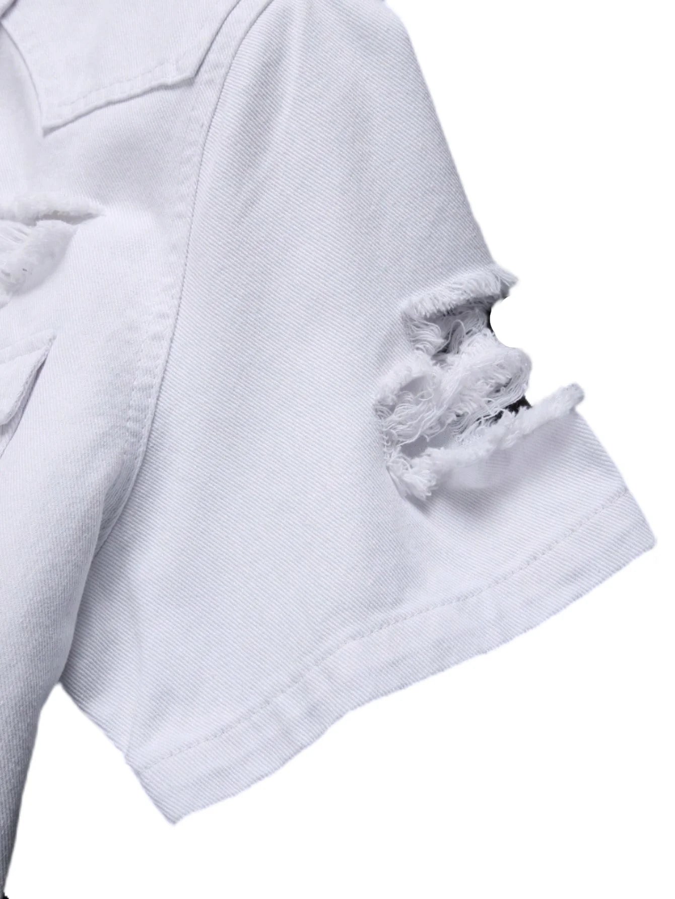 Men's white short - sleeved denim shirt with holes for summer. Suitable for daily casual wear, like going shopping.