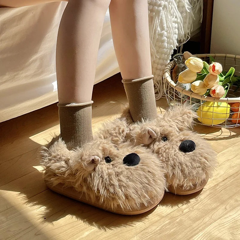 New winter plush slippers women's cartoon dog plush cotton shoes fashion indoor warm home slippers non-slip cotton shoes