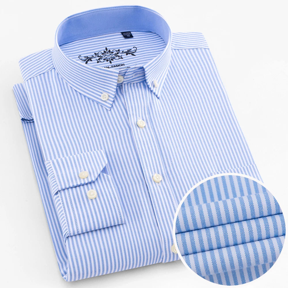 Men's Plaid Striped Oxford Long Sleeve Button-down Shirts with Pocket, Spring Fall 60% Cotton Thick Casual Menswear Clothing