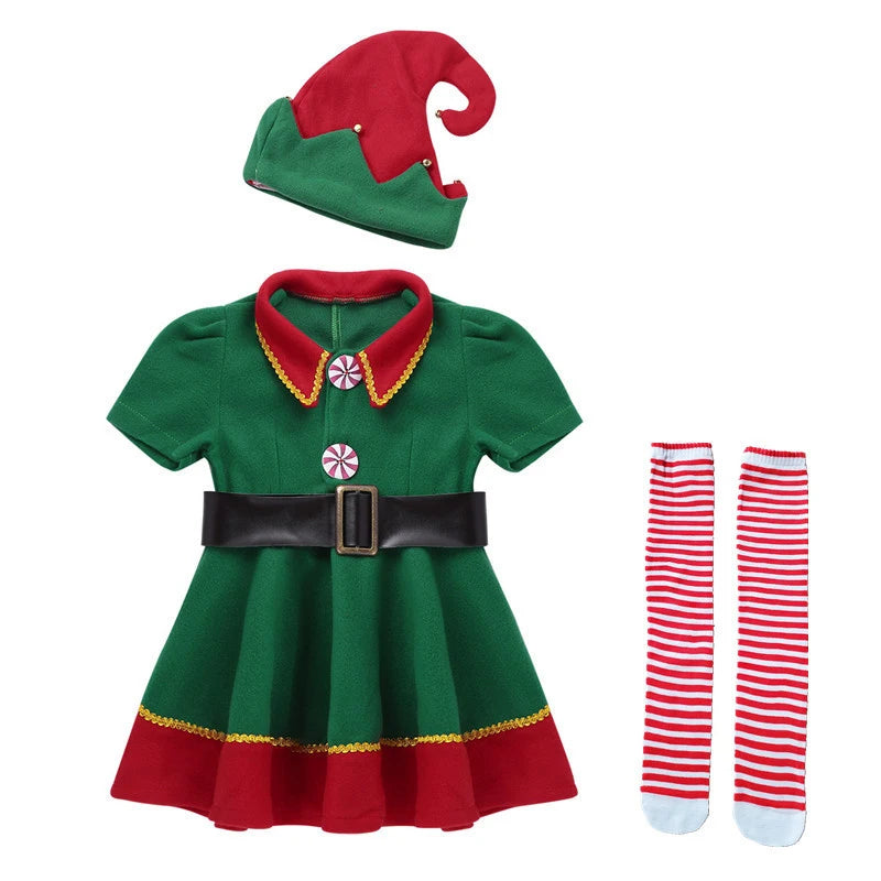 2025 Green Elf Girls christmas Costume Festival Santa Clause for Girls New Year chilren clothing Fancy Dress Xmas Party Dress