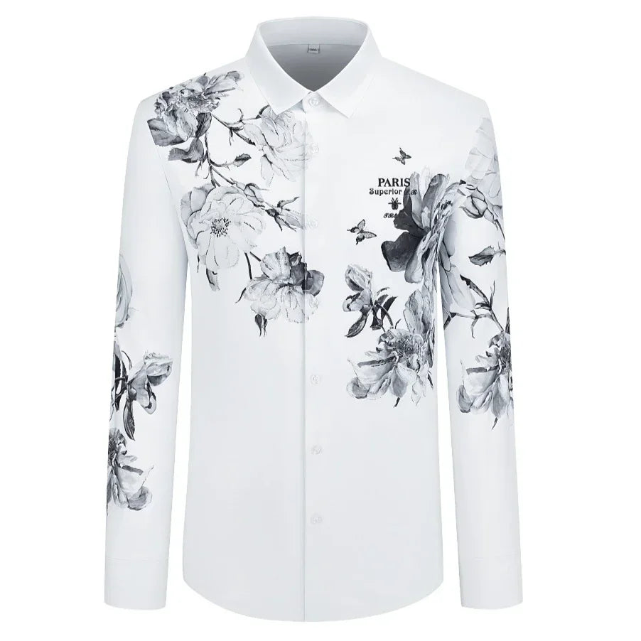 2025 Brand Rhinestone Flower Men's Shirt Long Sleeve Casual Business Dress Shirts Social Party Tuxedo Blouse Men Clothing 5XL