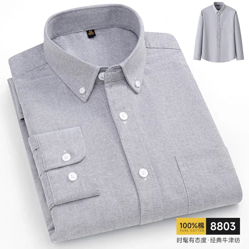 New 100% Cotton Men's Shirt Long Sleeve Casual Fashion Soft Social Business Solid Color Oxford Shirt 7XL 8XL