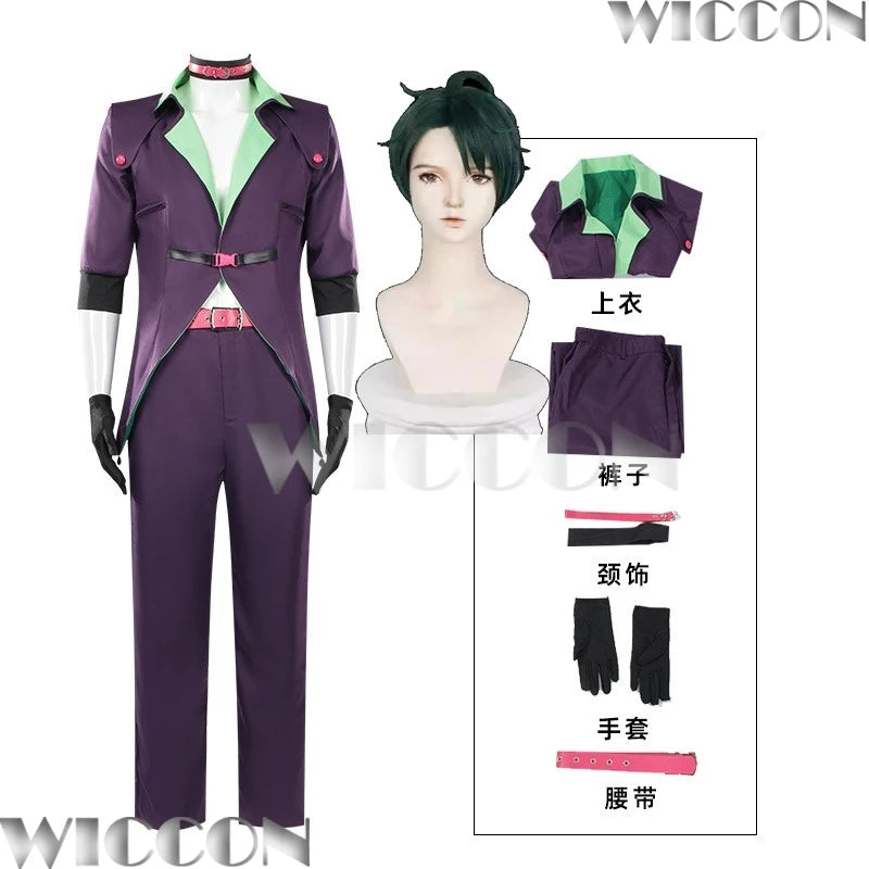 Crazy MAN jOKERs ISEKAI Anime Suicideee Cosplay Squad Gothic Outfit Green Wig Mind Humen Purple Suit Coat Pants Belt Halloween