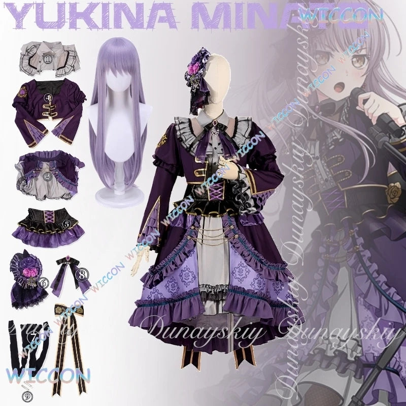 Mag/BanG Dream! Anime Yukina Minato Cosplay Roselia Lead Singer With Purple Lolita Dress With Long Cyan Wig Cosplay Costume