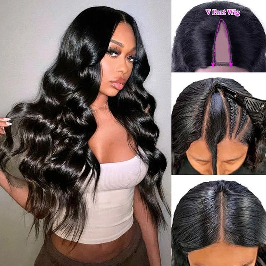 200% Density V Part Wig Human Hair Body Wave Brazilian Upgrade Glueless U Part Wig for Women Full Head Clip In