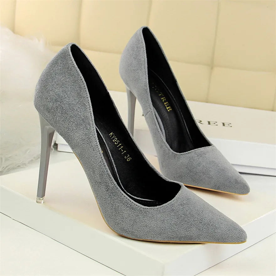 Concise Shallow Ladies Office Shoes 2025 New Soft Flock Pointed Toe Women Pumps Fashion High Heels Red Wedding Bride Shoes Woman