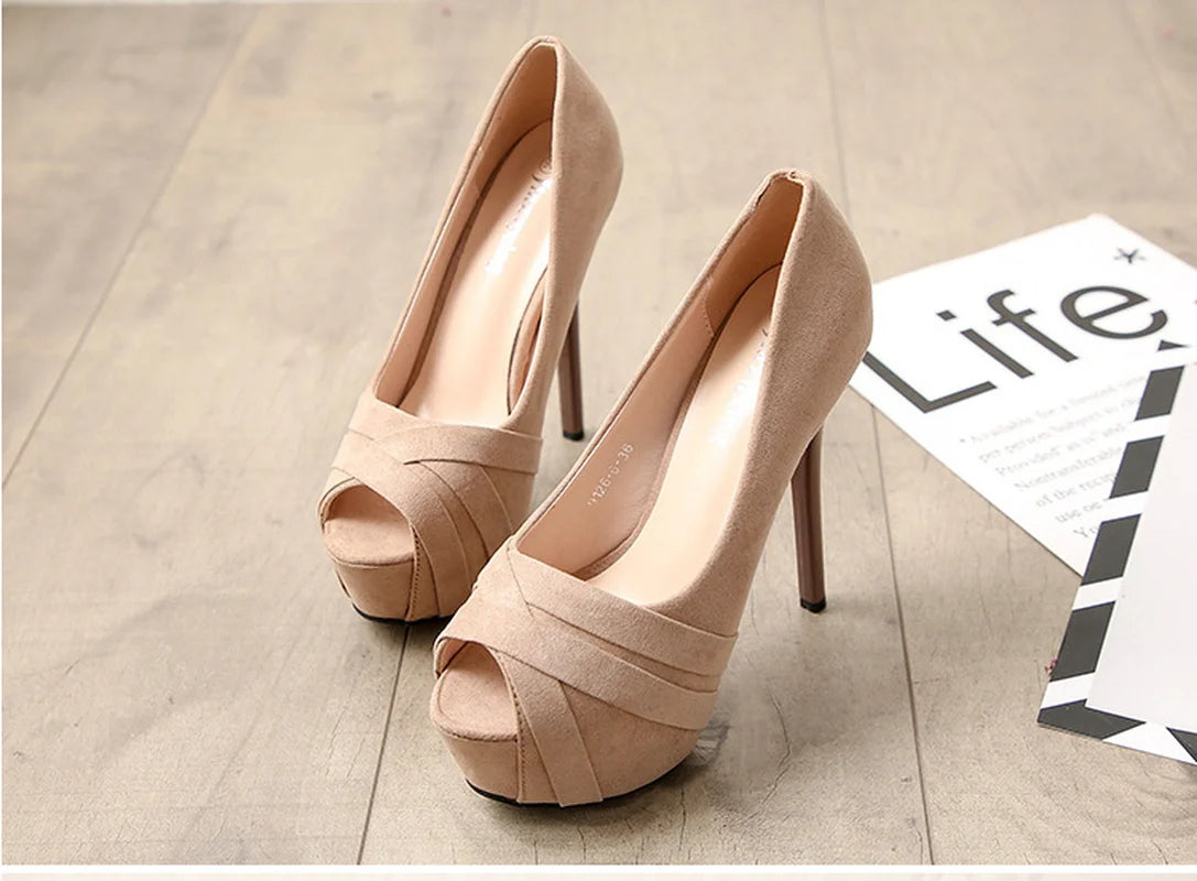 Sexy 14cm Heels Platform Pumps Women Flock High Heels Wedding Shoes Woman Peep Toe Thin High Heels Ladies Shoes Pumps Stiletto