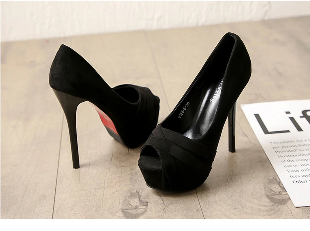 Sexy 14cm Heels Platform Pumps Women Flock High Heels Wedding Shoes Woman Peep Toe Thin High Heels Ladies Shoes Pumps Stiletto