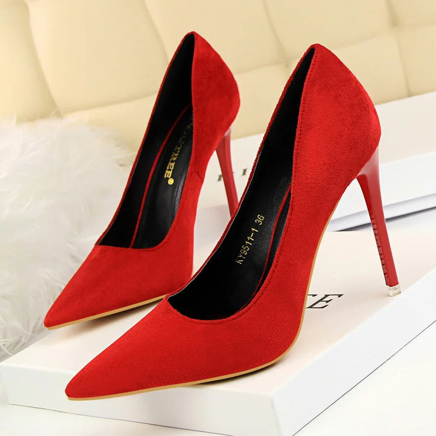 Concise Shallow Ladies Office Shoes 2025 New Soft Flock Pointed Toe Women Pumps Fashion High Heels Red Wedding Bride Shoes Woman