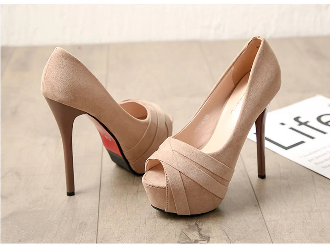 Sexy 14cm Heels Platform Pumps Women Flock High Heels Wedding Shoes Woman Peep Toe Thin High Heels Ladies Shoes Pumps Stiletto