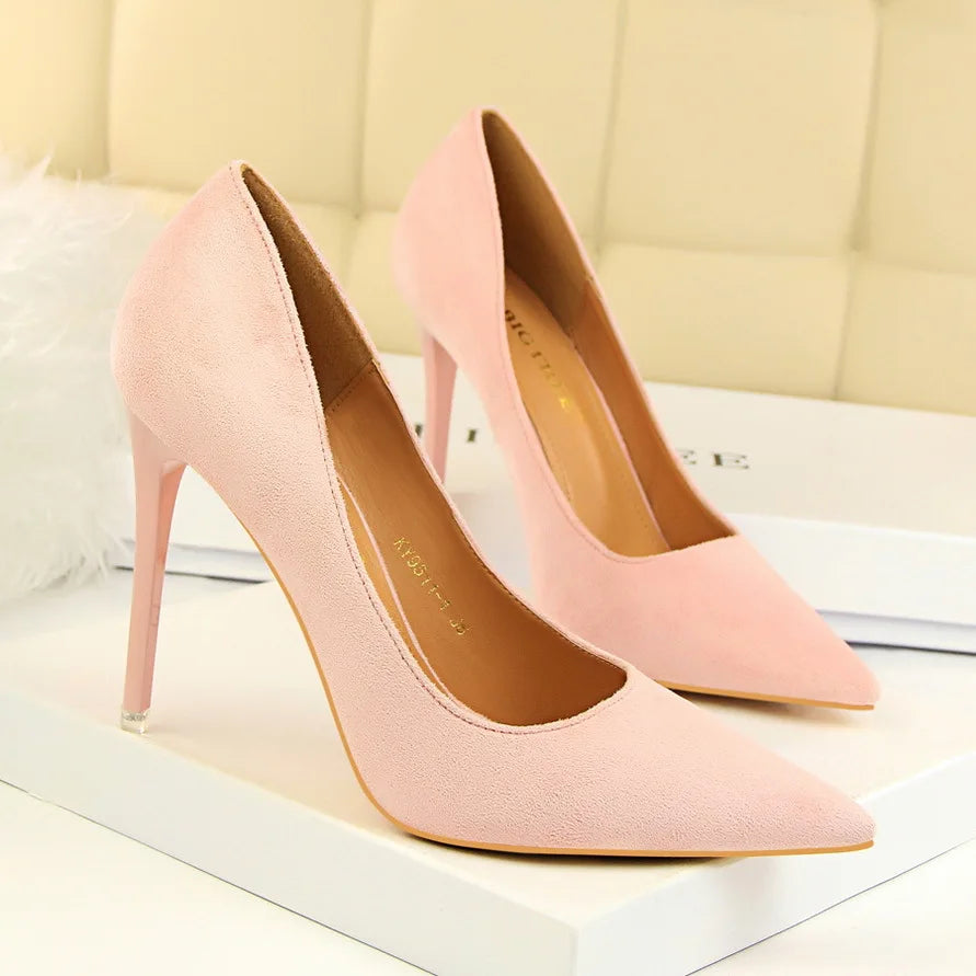 Concise Shallow Ladies Office Shoes 2025 New Soft Flock Pointed Toe Women Pumps Fashion High Heels Red Wedding Bride Shoes Woman