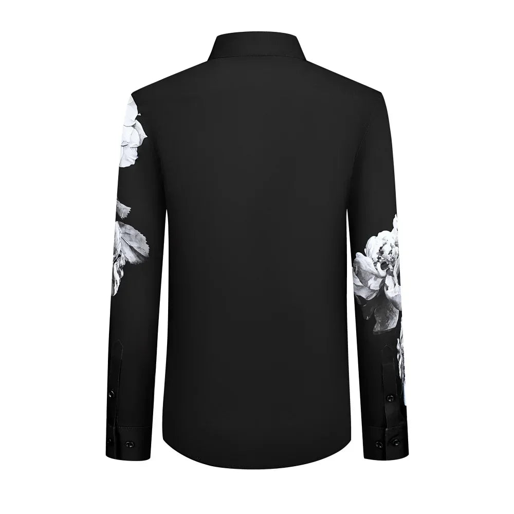 2025 Brand Rhinestone Flower Men's Shirt Long Sleeve Casual Business Dress Shirts Social Party Tuxedo Blouse Men Clothing 5XL