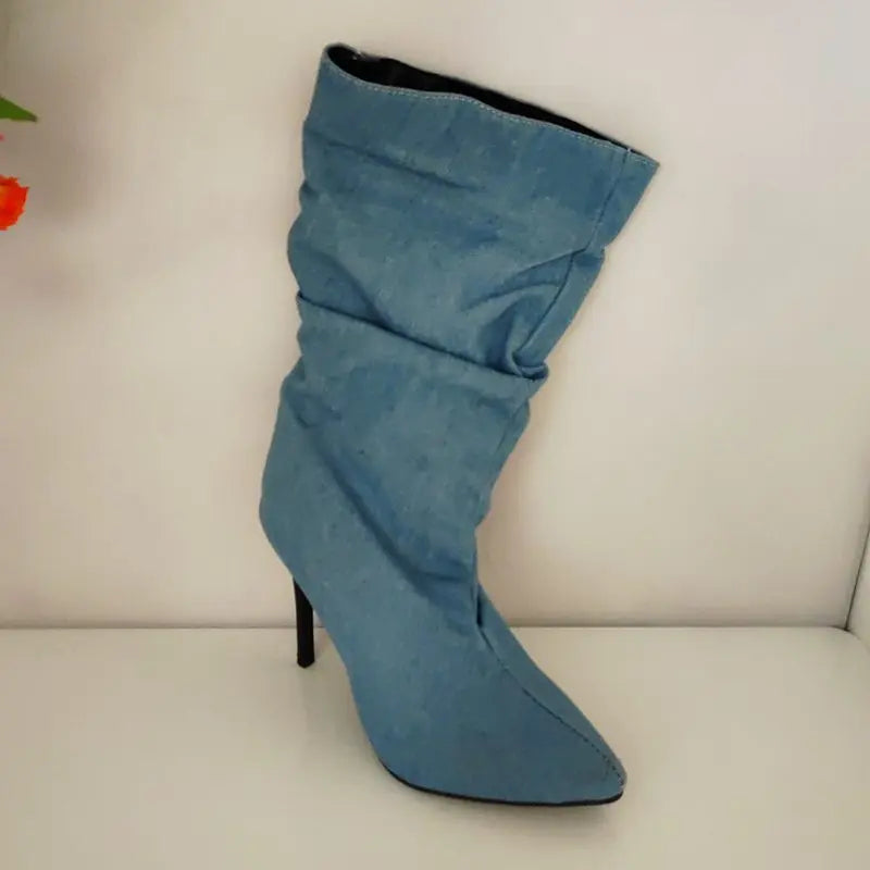 SIMLOVEYO Brand Women Mid Calf Boots Pointed Toe Stiletto 10CM Slip On Sexy Dating Female Booty 43 42 44 45 46 47 48 Black Blue