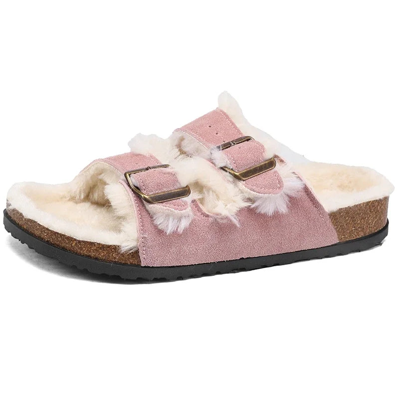 Men Women Plush Fur Slippers with Double Buckle Cork Sandals Winter Supper Warm Home Shoes Barefoot Comfort Footbed Sales
