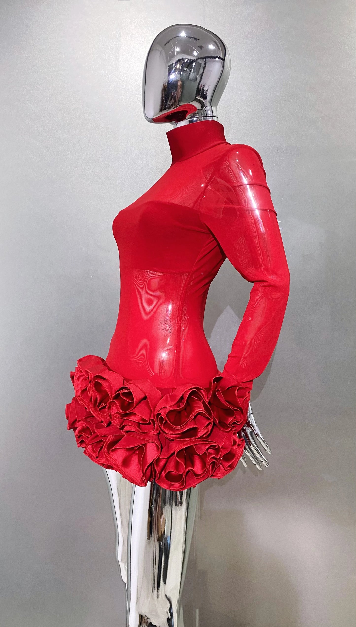 2024 New Sexy Mesh See through Stereoscopic Flowers Red Mini Evening Dress Sweet Woman Birthday Party Dress Performance costume