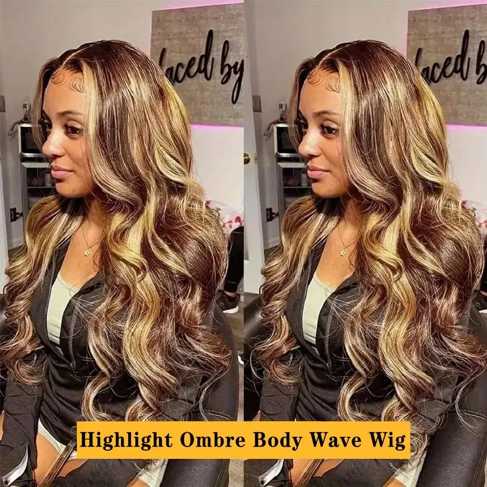 30Inch Highlight Body Wave Lace Front Wig Human Hair with Baby Hair 13x4 HD Transparent Lace Frontal Human Hair P4/27 Wigs