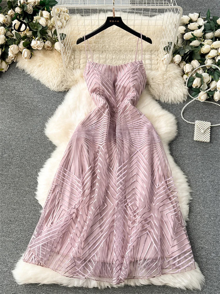 SINGREINY Fashion Temperament Long Dress Spaghetti Strap Sleeveless Design Female Solid Senior Embroidery Mesh Party Dress