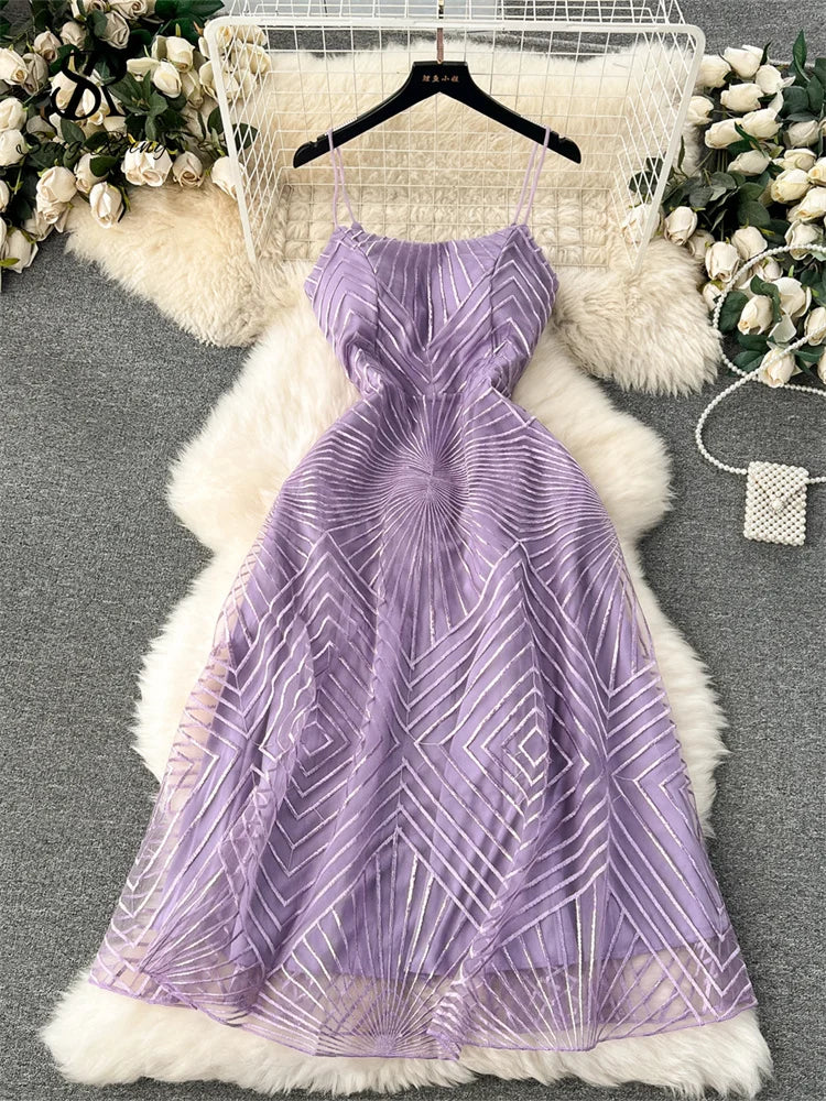 SINGREINY Fashion Temperament Long Dress Spaghetti Strap Sleeveless Design Female Solid Senior Embroidery Mesh Party Dress