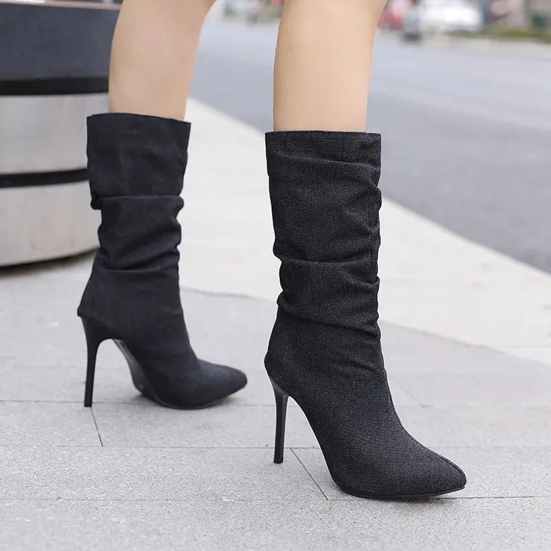 SIMLOVEYO Brand Women Mid Calf Boots Pointed Toe Stiletto 10CM Slip On Sexy Dating Female Booty 43 42 44 45 46 47 48 Black Blue