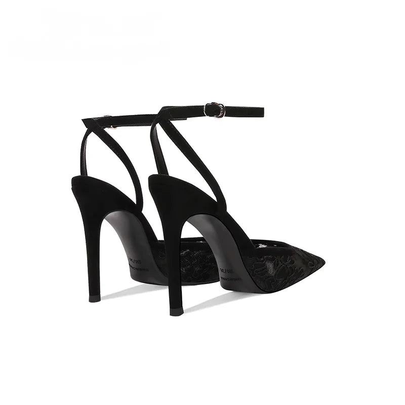Fashion Luxury High Heels Women Sexy Lace Sandals Mesh Embroider Elegant Pointed Ladies Slingback Party Bridal Shoes Woma