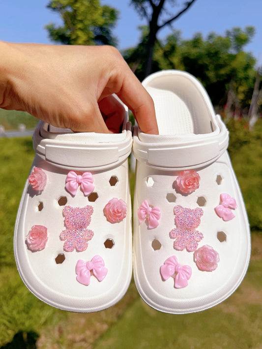 12 pieces of pink glitter bear, gradient rose, bow shoe buckle DIY decoration, sandals, slippers, beach bag multi-functional sho