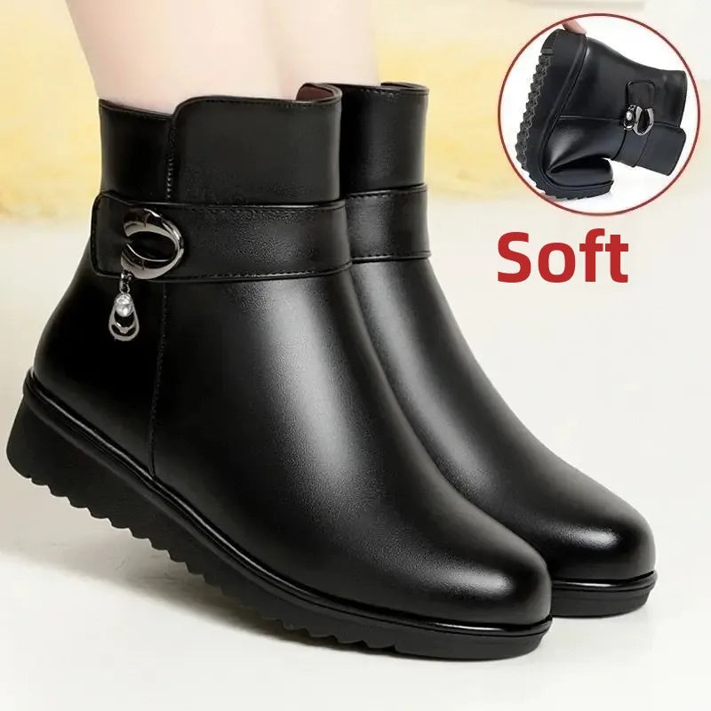 Fashionable Thickened Fleece Lined Flat Bottom Women's Cotton Boots Winter Warm Anti-slip Soft Sole Comfortable Mom Shoes