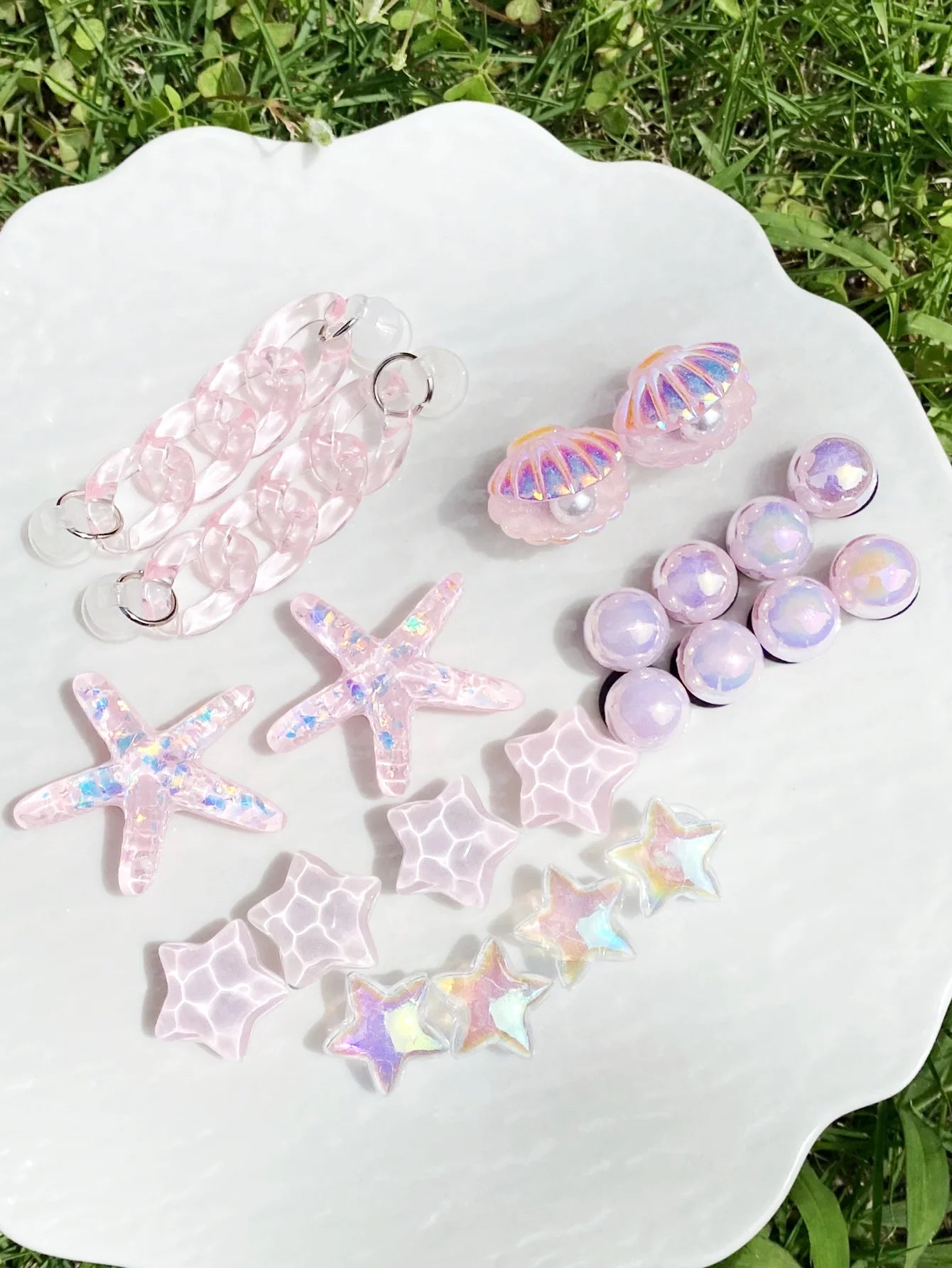 22 pieces of pink chain, sequined starfish, ABS pearl shell, water ripple star shoe buckle DIY accessories, suitable for women's