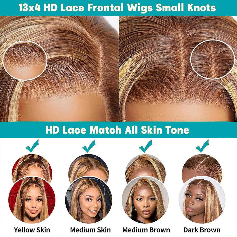 13x6 Highlighted Wig Human Hair 4/27 Colored Straight HD Lace Front Wig Ombre Lace Frontal Wigs Pre Plucked With Baby Hair
