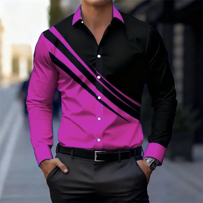 Men's color-blocked striped long-sleeved shirt, slim fit, stylish and unique business casual shirt, trendy new men's top, XS-6XL