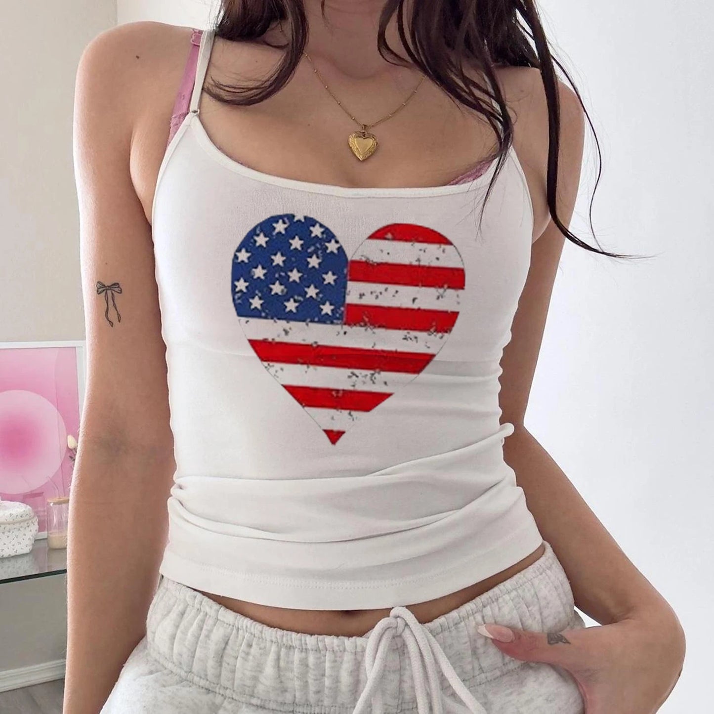 Women s Patriotic American Flag Print Sleeveless Open Back Tank Top with Star and Stripe Design for 4th of July Celebrations