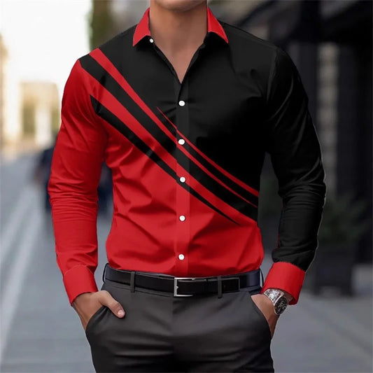 Men's color-blocked striped long-sleeved shirt, slim fit, stylish and unique business casual shirt, trendy new men's top, XS-6XL