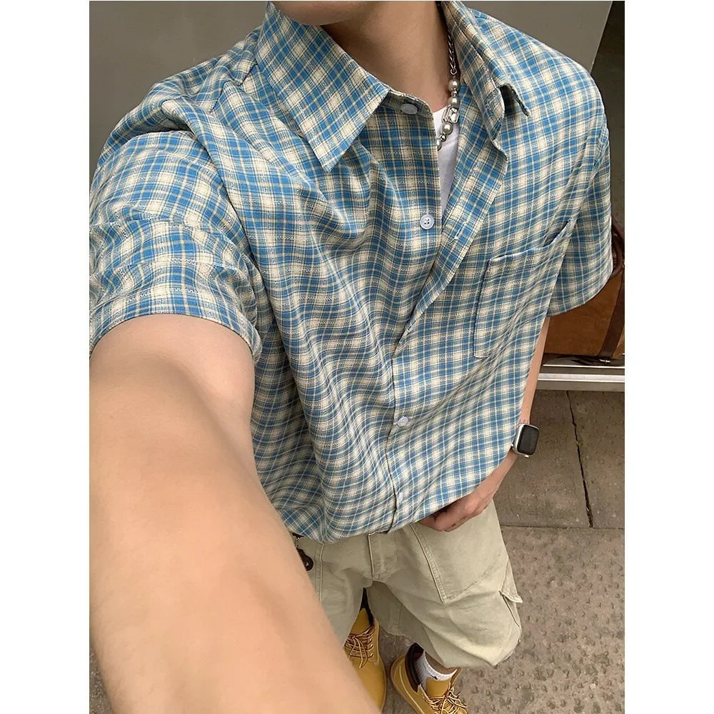 American Retro Plaid Shirt Men's Short Sleeve Summer Casual Trendy Ice Silk Men's High Fashion Brand Handsome Coat