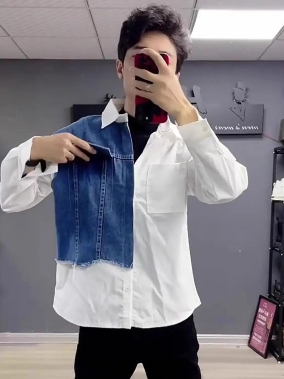 Denim Patchwork Contrast Collar Shirt Men's High-End Design Unique Shirt Trendy Long Sleeve Coat