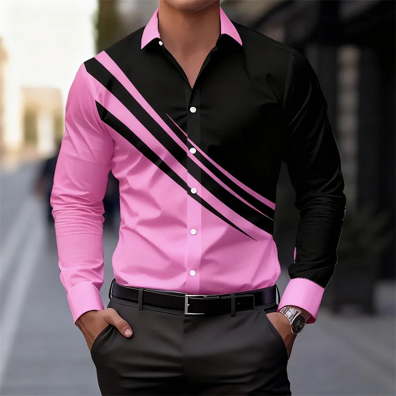 Men's color-blocked striped long-sleeved shirt, slim fit, stylish and unique business casual shirt, trendy new men's top, XS-6XL