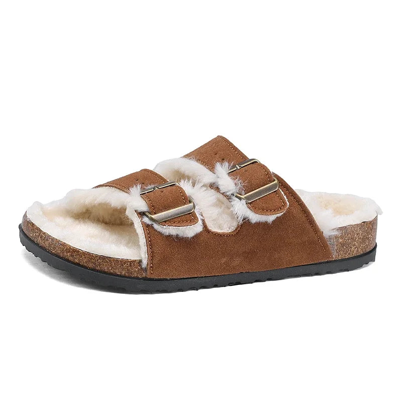 Men Women Plush Fur Slippers with Double Buckle Cork Sandals Winter Supper Warm Home Shoes Barefoot Comfort Footbed Sales