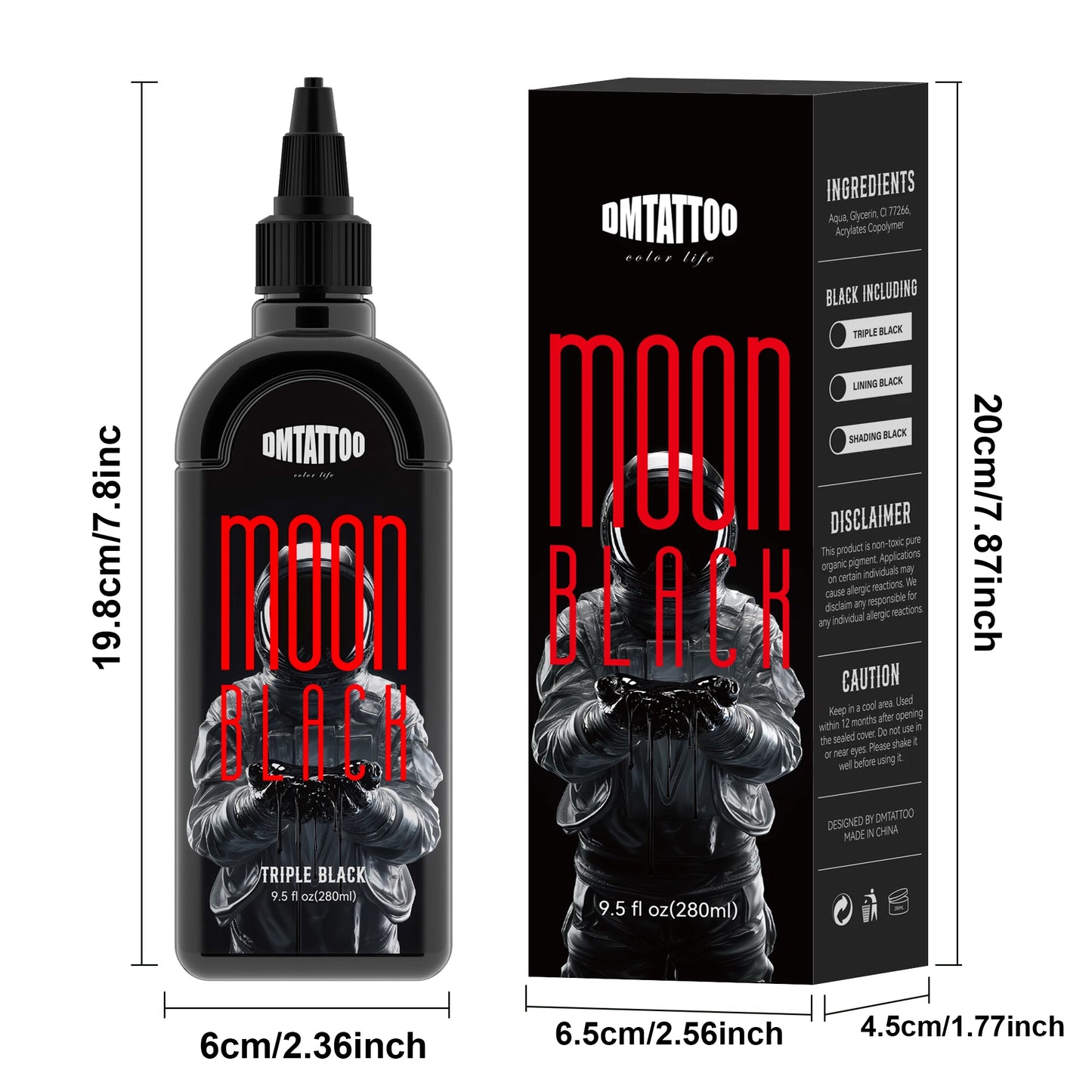 DM 9.5oz/280ml Tattoo Black Ink Triple/ Lining/ Shading Black Pigment Premium Tattoo Ink Drawing Teng Black Tattoo Materia ﻿