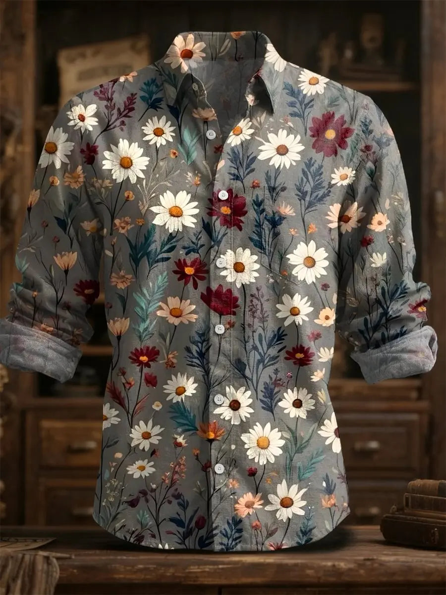 2025 Spring/Summer Men's Fashion Linen Long Sleeve Linen Shirt, Elegant Printing, Exquisite Flower Design