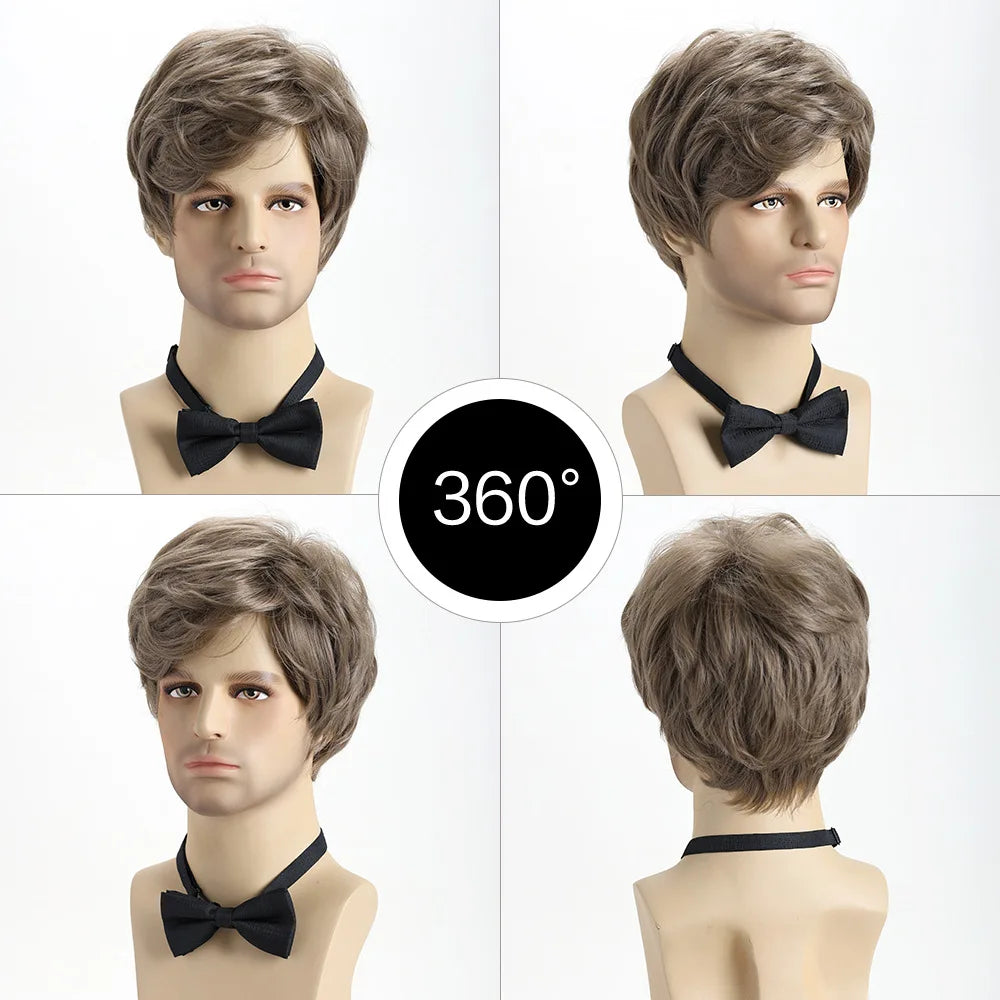 2025 Synthetic Short Brown Wig for Men Natural Looking Fiber Hairpiece Daily Wear Cosplay Party Costume Breathable Lightweight