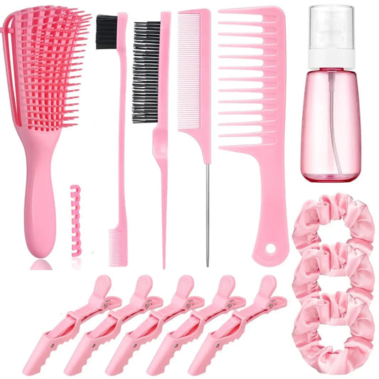 2025 New 14 Pcs Slick Back Hair Brush Set, Bristle Hair Brush with Spray Bottle,Hair Clip,Edge Brush for Women(Pink)