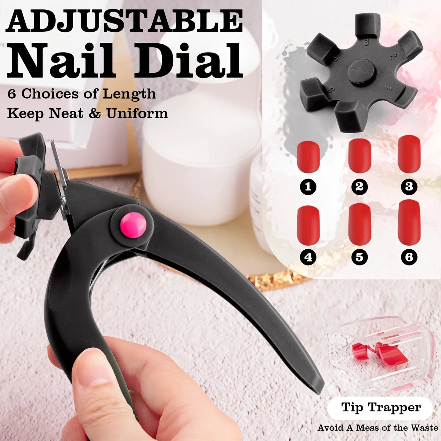 1pc Black Professional Dial Stainless Steel Blade Adjustable Acrylic Nail Clippers with Sizer, Catcher and Length Measurement