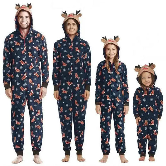 2025 Christmas Cartoon Deer Cute Family Matching Outfit Adults Kids Zipper Jumpsuit Elk Ear Hooded Romper Xmas Look Wear Pijamas