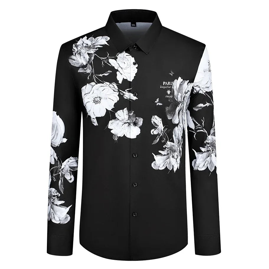 2025 Brand Rhinestone Flower Men's Shirt Long Sleeve Casual Business Dress Shirts Social Party Tuxedo Blouse Men Clothing 5XL