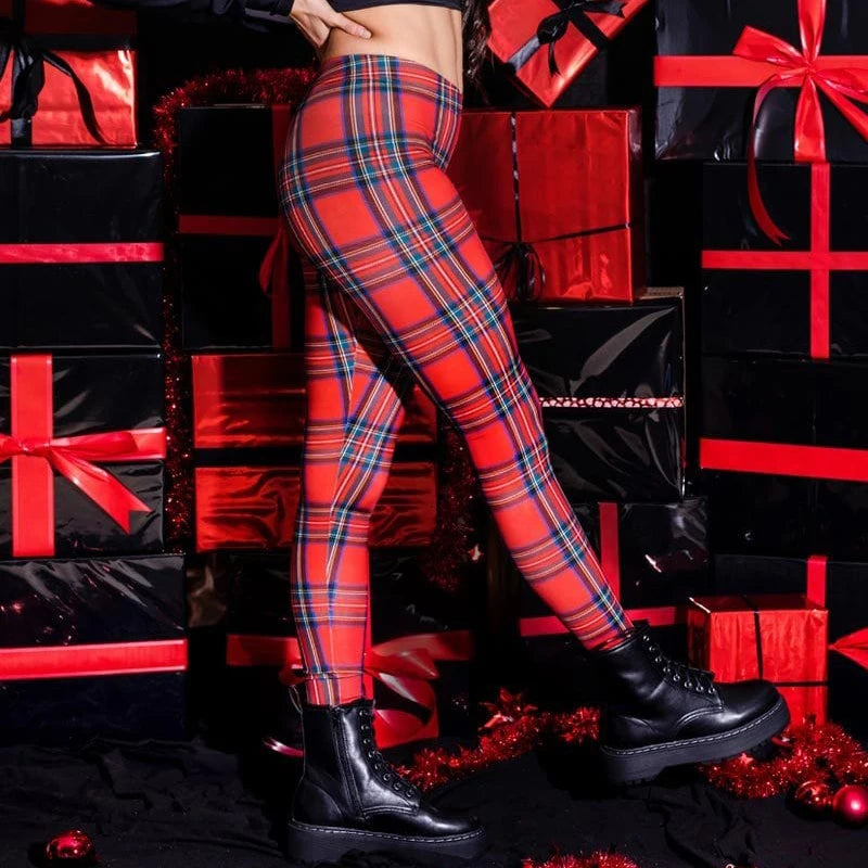 [You're My Secret] 12% Spandex New Year Party Red Tartan 3D Digital Printed Workout Leggings for Women Stretch Pants Trousers