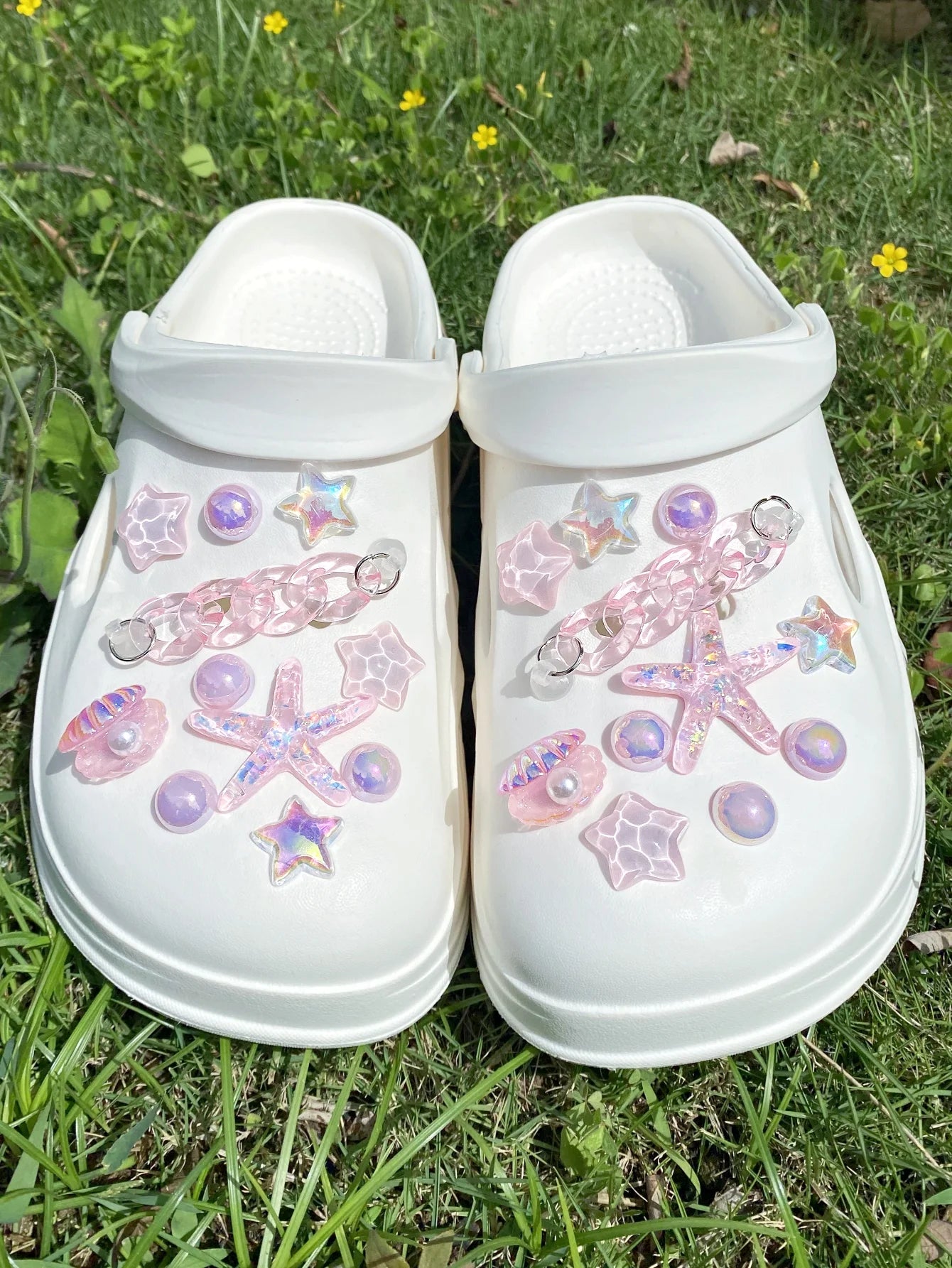 22 pieces of pink chain, sequined starfish, ABS pearl shell, water ripple star shoe buckle DIY accessories, suitable for women's