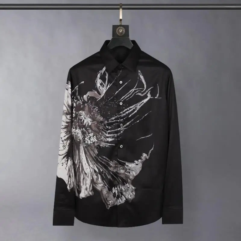 2025 Luxury Silk Artistic Flowers Shirt For Men Autumn Long Sleeve Casual Business Dress Shirts Social Streetwear Men Clothing