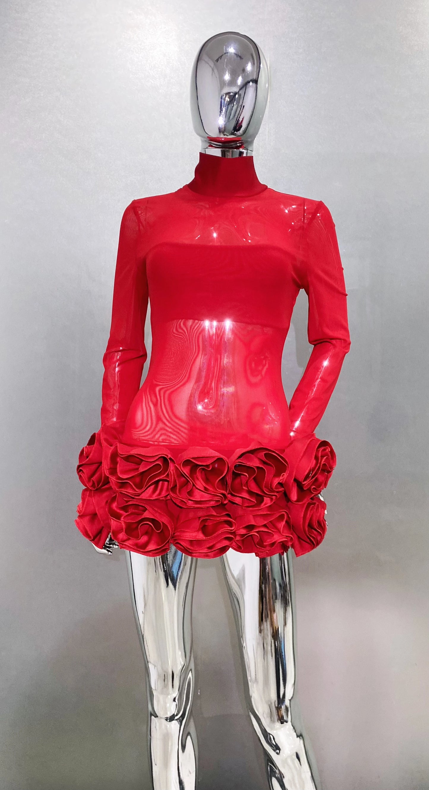 2024 New Sexy Mesh See through Stereoscopic Flowers Red Mini Evening Dress Sweet Woman Birthday Party Dress Performance costume