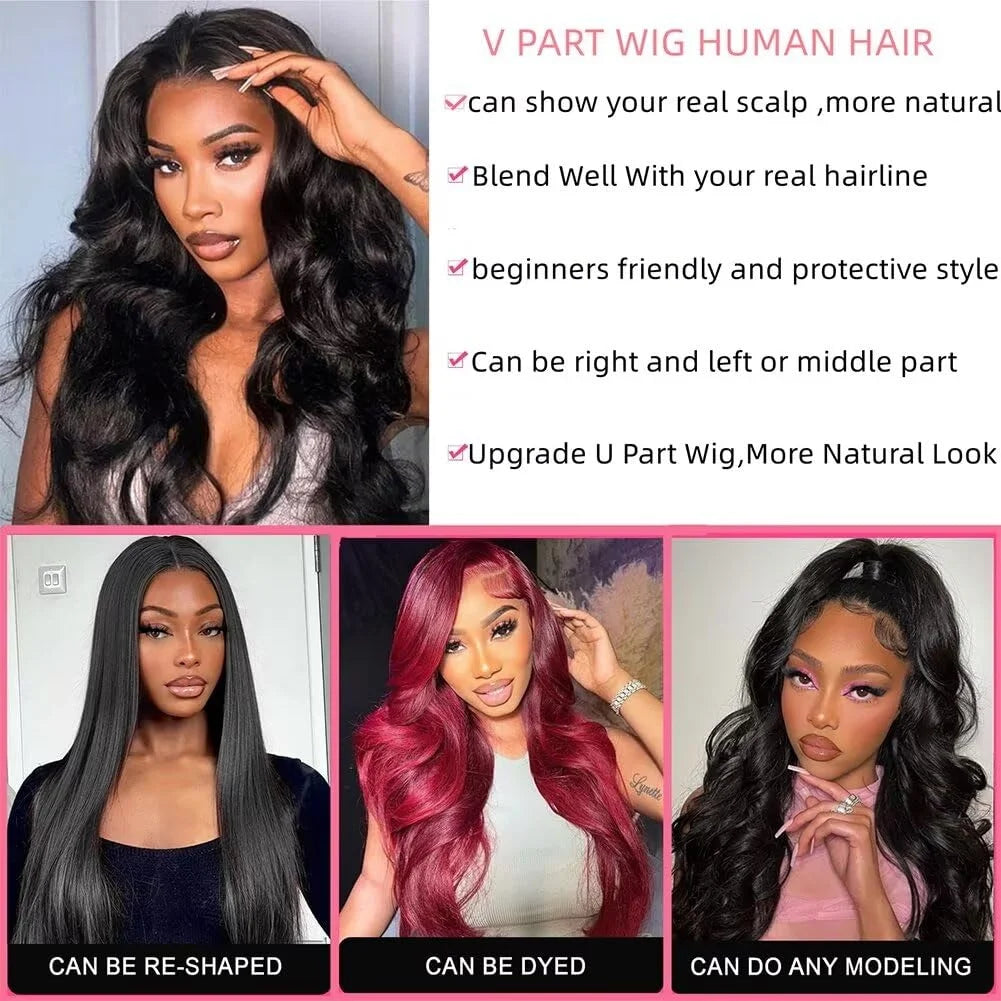 200 Density V Part Wig Human Hair Body Wave Upgrade U Part Wig No Leave Out Glueless Machine Made Clip In Half Human Hair Wigs