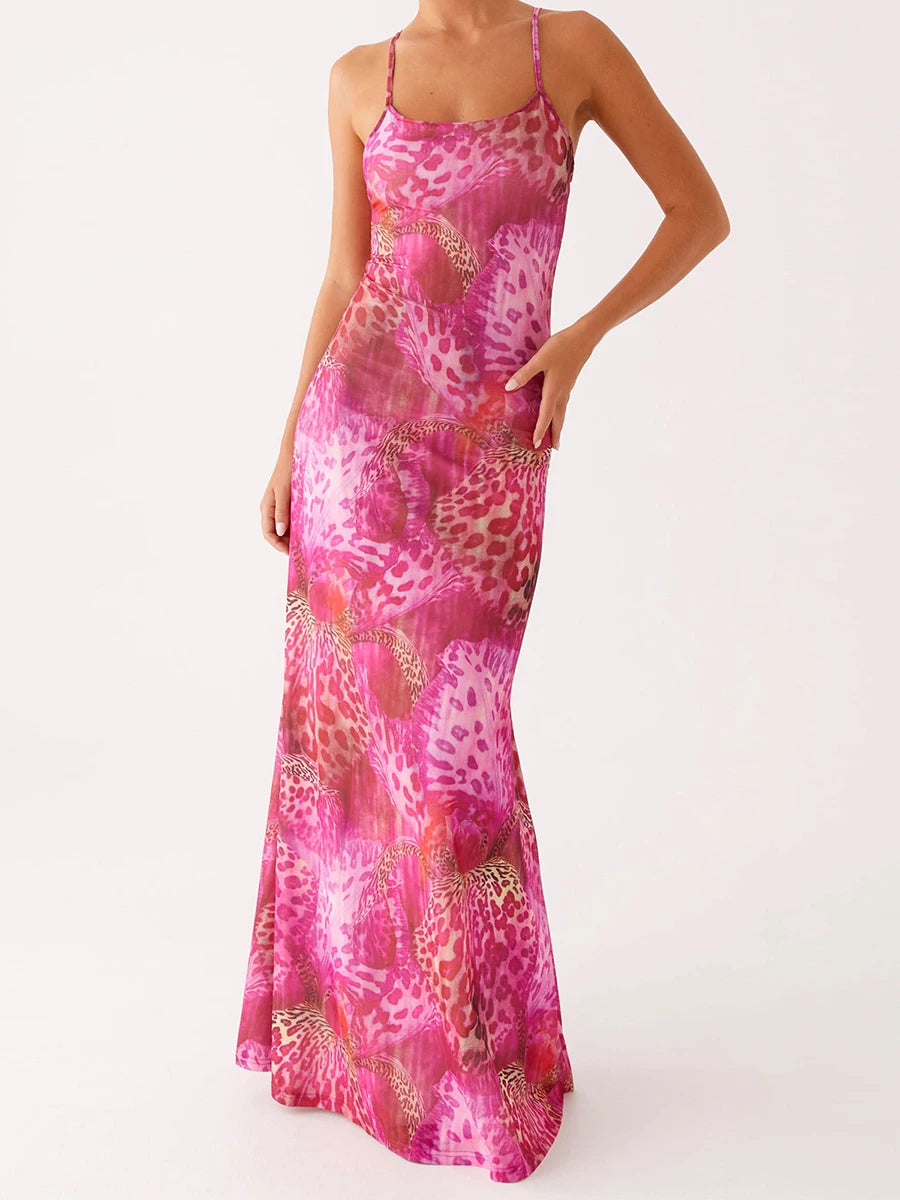 Women s Elegant Floral Print Sleeveless Maxi Dress with  Fit Spaghetti Straps for Summer Beach Party Wear