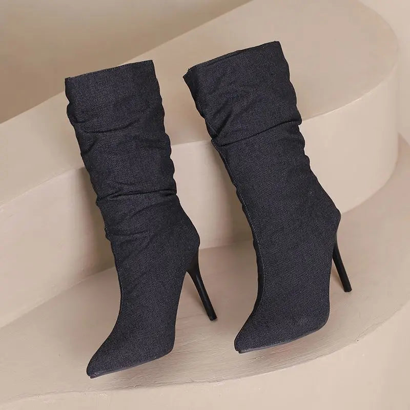 SIMLOVEYO Brand Women Mid Calf Boots Pointed Toe Stiletto 10CM Slip On Sexy Dating Female Booty 43 42 44 45 46 47 48 Black Blue